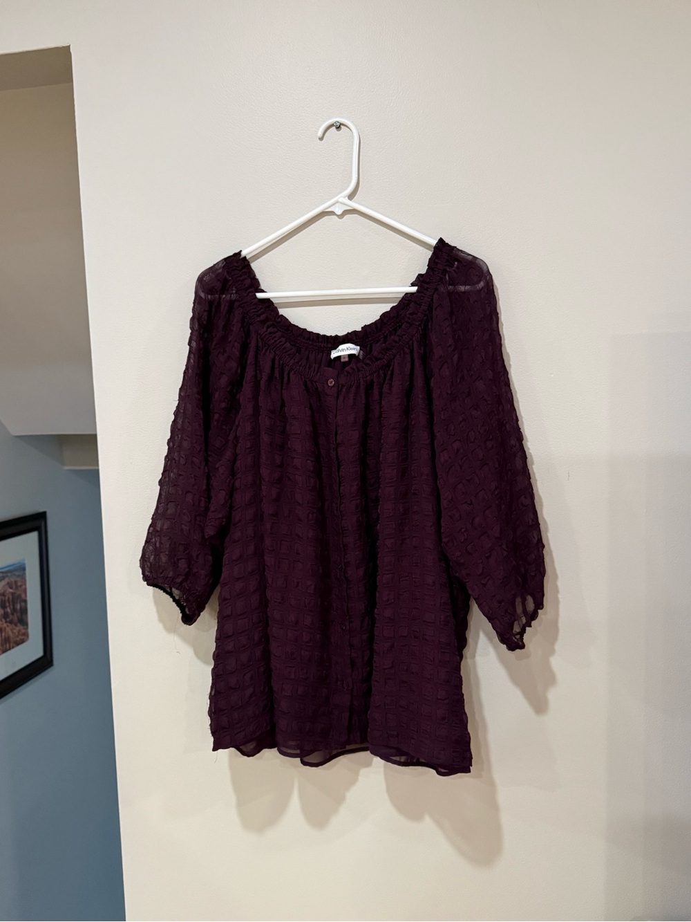 2X Calvin Klein Textured Peasant Blouse - Deep Plum